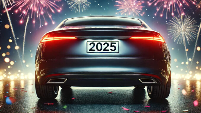 Abbildung eines Autos, das unter einem Feuerwerk die Jahreszahl 2025 auf seinem Nummernschild hat,